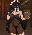  1girl abs bedroom black_eyes black_hair book breasts centurii-chan_(artist) dress executioner_maid_(centuriic) greatsword highres holding holding_sword holding_weapon large_breasts long_hair maid maid_headdress mask mouth_mask mouth_veil muscular muscular_female original reading see-through see-through_dress skull sword veil weapon 