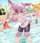  1girl 2boys absurdres animal_ear_fluff animal_ears bike_shorts black_shorts blonde_hair blue_eyes blush body_fur cat_boy cat_ears child closed_eyes dated day dog_boy dog_ears dog_tail dress fang fewer_digits fountain fox_ears fox_girl furry furry_female furry_male highres lamppost multiple_boys one_eye_closed open_mouth orange_eyes original outdoors pawpads pink_dress piporinton playing purple_hair red_shirt shirt short_hair shorts sitting standing tail tank_top twitter_username water wet wet_clothes white_tank_top 