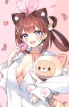  1girl animal_ear_fluff animal_ears ayamy ayamy_(vtuber) breasts brown_hair cat_ears cleavage doughnut food hair_rings highres holding holding_food indie_virtual_youtuber long_hair long_sleeves looking_at_viewer medium_breasts open_mouth red_panda shirt sleeves_past_wrists smile solo upper_body virtual_youtuber white_shirt 