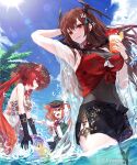  3girls animal_ear_fluff animal_ears arm_behind_head armpits ball beachball black_gloves black_shorts bracelet breasts brown_hair cerberus_(shingeki_no_bahamut) charon_(shadowverse) closed_mouth company_name covered_navel criss-cross_halter day drink elbow_gloves fang flower frilled_shirt frills gloves green_headwear green_skirt hair_flower hair_ornament halterneck hat head_wings highres holding holding_ball holding_beachball holding_drink jewelry large_breasts lens_flare leotard long_hair looking_at_another looking_at_viewer makihitsuji medium_breasts multiple_girls ocean official_art open_mouth orange_hair orthrus_(shadowverse) outdoors peaked_cap petite red_eyes red_hair red_ribbon red_shirt ribbon see-through see-through_leotard see-through_shawl see-through_shirt shadowverse shawl shirt shorts siblings sisters skin_fang skirt smile splashing straw_hat teeth thigh_strap tied_shirt twintails very_long_hair wading water white_shirt wings 