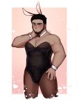  1boy animal_ears arm_hair bara bare_arms beard black_hair blush bow bowtie bulge chest_hair covered_navel cropped_legs crossdressing dark-skinned_male dark_skin detached_collar dracko_(panqlao) facial_hair fake_animal_ears feet_out_of_frame hairy hand_on_own_neck heart heart_background highres leotard looking_at_viewer male_focus male_playboy_bunny mature_male muscular muscular_male original panqlao pantyhose pectoral_cleavage pectorals pink_background rabbit_ears raised_eyebrow short_hair shy solo strapless strapless_leotard sweatdrop thick_eyebrows thighs two-tone_background wrist_cuffs 