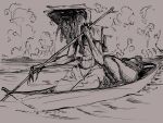  ambiguous_gender boat breasts duo female hi_res humanoid looking_at_viewer lying meandraco monochrome monster nipples oar on_back sketch swamp vehicle water watercraft 