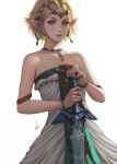  1girl bare_shoulders blonde_hair bracelet braid commentary crown_braid dress earrings expressionless green_eyes highres holding holding_sword holding_weapon jewelry looking_at_viewer master_sword necklace nibelart official_alternate_costume official_alternate_hairstyle parted_bangs pointy_ears princess_zelda short_hair signature solo sword teardrop_facial_mark the_legend_of_zelda the_legend_of_zelda:_tears_of_the_kingdom weapon white_background 