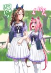  2girls ^_^ absurdres animal_ears bag blush bow bowtie breasts brown_hair closed_eyes closed_mouth feet_out_of_frame freely2327 haru_urara_(umamusume) height height_difference highres holding_another&#039;s_arm horse_ears horse_girl horse_tail king_halo_(umamusume) long_hair looking_at_another multiple_girls one_side_up open_mouth pink_hair ponytail purple_eyes purple_shirt sailor_collar school_bag school_uniform shirt short_sleeves skirt small_breasts smile standing tail thighhighs tracen_school_uniform umamusume white_skirt white_thighhighs 
