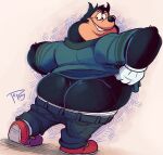  anthro big_butt black_body black_fur bottomwear bottomwear_down butt clothed clothing disney domestic_cat felid feline felis fur goof_troop grin hi_res looking_at_viewer looking_back male mammal overweight pants pants_down partially_clothed pj_(goof_troop) smile solo topony 
