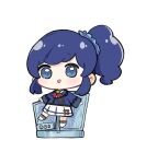  1girl :d aikatsu! aikatsu!_(series) blue_eyes blue_hair blue_jacket blue_scrunchie blush boots chibi full_body hair_ornament hair_scrunchie highres jacket kiriya_aoi long_sleeves looking_at_viewer nozo_(hitomiz) plaid plaid_scrunchie pleated_skirt school_uniform scrunchie shirt side_ponytail simple_background skirt sleeves_past_wrists smile solo starlight_academy_school_uniform unmoving_pattern white_background white_footwear white_shirt white_skirt 