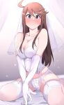  1girl ahoge bare_shoulders bed_sheet blue_eyes blush breasts bridal_veil brown_hair cleavage closed_mouth collarbone dot_nose elbow_gloves garter_straps gloves highres idolmaster idolmaster_million_live! idolmaster_million_live!_theater_days large_breasts long_hair looking_at_viewer on_bed panties shy sitting soeji solo swept_bangs thighhighs tokoro_megumi underwear underwear_only veil wariza white_bustier white_gloves white_panties white_thighhighs 