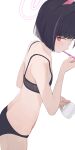  1girl animal_ears black_bra black_hair black_panties blue_archive bra cup halo highres hiroki_(yyqw7151) holding holding_cup kazusa_(blue_archive) panties pink_eyes pink_halo short_hair simple_background solo toothbrush_in_mouth underwear underwear_only white_background 