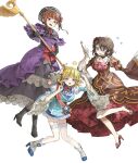  3girls :d aiguillette ascot beatrice_(umineko) beatrice_(umineko)_(cosplay) black_bow black_footwear black_gloves blonde_hair blue_dress blue_eyes blunt_bangs blush boots bow bowtie brooch brown_dress brown_hair capelet choker commentary_request cosplay crown curtained_hair double_v dress dress_bow dress_flower elbow_gloves eva_beatrice eva_beatrice_(cosplay) flower flower_(symbol) flying_sweatdrops footwear_bow frilled_ascot frilled_capelet frilled_choker frilled_dress frilled_sleeves frills full_body gem ghkdakrh1129 gloves hair_flower hair_ornament hat high_heel_boots high_heels highres holding holding_staff jewelry kiseru knees_together_feet_apart korean_commentary layered_dress long_sleeves looking_at_viewer medium_hair mini_crown multiple_girls open_mouth piece_(umineko) piece_(umineko)_(cosplay) pink_bow puffy_sleeves pumps purple_capelet purple_dress purple_eyes red_bow red_bowtie red_flower red_gemstone red_rose red_sash rose sash shannon_(umineko) shoulder_sash sidelocks simple_background smile smoking_pipe staff sweatdrop swept_bangs thigh_strap tilted_headwear umineko_no_naku_koro_ni ushiromiya_eva ushiromiya_jessica v wavy_mouth white_background white_footwear wide_sleeves 