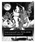  after_transformation anthro cheek_tuft chest_tuft claws clothing comic digitigrade english_text facial_tuft finger_claws forced forced_transformation full_moon generation_7_pokemon gloves_(marking) greyscale hi_res howl leg_markings lycanroc male markings midnight_lycanroc monochrome moon night nintendo nude pawpads pokemon pokemon_(species) shaded sky snout socks_(marking) solo star starry_sky text toe_claws torn_clothing toshabi transformation tuft visor 