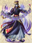  1boy black_footwear black_hair cape chinese_clothes colored_skin crown dairoku_ryouhei fire full_body gold_trim grey_skin grin kansai_takeru long_sleeves magic mahjong mahjong_tile male_focus purple_cape purple_fire red_eyes short_hair smile solo standing suzume_toshiei 