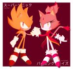  1boy 1girl animal_ears blaze_the_cat burning_blaze cat_ears cat_girl cat_tail collisionchaox eyelashes forehead_jewel furry furry_female furry_male gloves highres holding_hands jacket looking_at_viewer pants pink_footwear pink_fur ponytail red_footwear red_jacket sonic_(series) sonic_rush sonic_rush_adventure sonic_the_hedgehog super_sonic tail white_gloves white_pants yellow_fur 