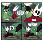  4_panel_comic absurd_res bodily_fluids cloak clothing dialogue duo female genital_fluids hi_res hollow_knight hornet_(hollow_knight) leaking_precum male male/female monamania nude penis_slap precum restrained_legs slap tagme team_cherry the_wanderer_(msignmeup) vessel_(species) weapon 