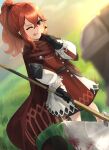  1girl ;p anna_(fire_emblem) axe black_gloves blood blood_on_weapon cape crossed_bangs dress fire_emblem fire_emblem_engage gloves hair_between_eyes heart highres holding holding_axe katsu_(katsuslider) long_hair long_sleeves looking_at_viewer one_eye_closed ponytail red_eyes red_hair tongue tongue_out weapon 