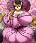  anthro asian_clothing big_breasts black_hair breasts canid canine canis cherry_blossom cleavage clothed clothing domestic_dog east_asian_clothing eyes_closed female geisha hair hi_res huge_breasts humanoid japanese_clothing kimono mammal plant shiba_inu solo spitz superix umbrella wide_hips 