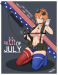  1girl absurdres ahoge american_flag_bikini ammunition_pouch arrow_(symbol) assault_rifle asymmetrical_legwear bar_censor beer_can bikini bikini_bottom_only bikini_under_clothes blue_shorts blue_thighhighs breasts can censored dog_tags ear_piercing english_text explosive eyewear_on_head flag_print grenade gun highres holding holding_can holding_gun holding_weapon large_breasts load_bearing_equipment m16 micro_shorts mismatched_legwear mole mole_under_eye navel navel_piercing one_eye_closed orange_hair original piercing pouch pun red_thighhighs rifle short_hair shorts smile solo stomach_tattoo sunglasses swimsuit tattoo thighhighs weapon zerofid 