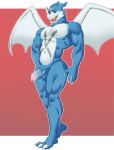  absurd_res anthro bandai_namco digimon digimon_(species) exveemon genitals half-erect hi_res male matidramon muscular muscular_male penis scalie solo wings 