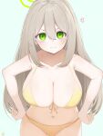  1girl absurdres anger_vein bare_arms bare_legs bare_shoulders blue_archive blush breasts cleavage closed_mouth collarbone cowboy_shot green_background green_eyes green_halo hair_between_eyes halo highres large_breasts light_brown_hair long_hair looking_at_viewer navel nonomi_(blue_archive) nonomi_(swimsuit)_(blue_archive) official_alternate_costume pout simple_background solo tachibana_shiori_(suica_112) 