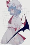  1girl absurdres ascot bat_wings black_wings blue_hair bow closed_mouth commentary_request cropped_legs frilled_sleeves frills from_side hat hat_bow highres katai_(nekoneko0720) mob_cap profile puffy_short_sleeves puffy_sleeves red_ascot red_bow red_eyes red_wings remilia_scarlet shirt short_hair short_sleeves skirt solo touhou two-tone_wings white_headwear white_shirt white_skirt wings 