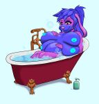  absurd_res anthro bathing bathtub big_breasts blue_nipples breasts bubble_bath female fur hair hi_res lagomorph leporid lotion lotion_bottle makeup mammal misspooks multi_breast nipples pink_hair pregnant pregnant_female purple_body purple_fur purple_hair rabbit solo 