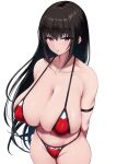  1girl arm_strap arms_behind_back bikini black_hair breasts cleavage closed_mouth collarbone highres ishimiso_(ishimura) large_breasts long_hair looking_at_viewer navel original purple_eyes red_bikini simple_background solo swimsuit white_background 
