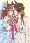  2girls @_@ an_oath_to_my_dear_challengers_(umamusume) animal_ears banira_(oocooocooocoo) bare_shoulders blue_dress blue_flower blush bouquet brown_eyes brown_hair commentary_request daiwa_scarlet_(something_blue)_(umamusume) daiwa_scarlet_(umamusume) dress eye_contact flower hair_between_eyes hair_flower hair_intakes hair_ornament hair_over_one_eye highres holding holding_bouquet horse_ears long_hair looking_at_another multicolored_hair multiple_girls off-shoulder_dress off_shoulder official_alternate_costume pink_flower red_eyes see-through sleeveless sleeveless_dress sweat tiara two-tone_hair umamusume veil vodka_(heart_ignition!!)_(umamusume) vodka_(umamusume) white_dress white_flower white_hair yellow_flower yuri 