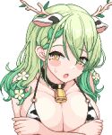  1girl animal_ears animal_print antlers bell blush_stickers braid branch breast_hold breasts ceres_fauna cleavage commentary cow_ears cow_print cow_print_bikini cowbell crossed_arms extra_ears flower green_hair hair_between_eyes hair_flower hair_ornament hololive hololive_english large_breasts light_green_hair looking_at_viewer mole mole_under_eye multicolored_hair neck_bell open_mouth pixel_art side_braid simple_background solo symbol-only_commentary two-tone_hair upper_body virtual_youtuber white_background yellow_eyes zou_eita 