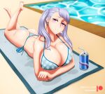  1girl absurdres alternate_breast_size ass black_clover blush breasts highres huge_breasts looking_at_viewer noelle_silva non-web_source pool purple_eyes solo swimsuit twintails 
