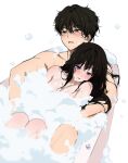  1boy 1girl air_bubble bathtub black_hair blush breasts bubble chitanda_eru completely_nude hetero highres hyouka knees_up large_breasts leaning_on_person mery_(yangmalgage) nude oreki_houtarou purple_eyes shared_bathing simple_background white_background 