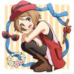  1girl :d arisu_kazumi bare_arms blonde_hair blue_eyes blue_ribbon boots brown_footwear commentary_request dress eyelashes eyewear_removed flower_wreath from_side full_body happy hat highres open_mouth pink_dress pink_headwear pokemon pokemon_(anime) pokemon_xy_(anime) ribbon serena_(pokemon) short_hair signature sleeveless smile sparkle squatting stick sunglasses thighhighs 