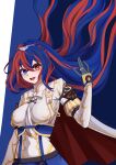  1girl absurdres alear_(female)_(fire_emblem) alear_(fire_emblem) armor blue_eyes blue_hair bow braid breasts crossed_bangs crown_braid emblem_ring fire_emblem fire_emblem_engage gloves hair_floating_upwards heterochromia highres jewelry long_hair looking_at_viewer multicolored_hair red_eyes red_hair rwq6868 smile solo split-color_hair tiara two-tone_hair very_long_hair 