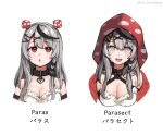  1girl @_@ black_collar black_hair braid breasts camisole cleavage collar fang food_print grey_hair hair_ornament hairclip highres hololive hood large_breasts long_hair lw_goombang multicolored_hair mushroom_on_head mushroom_print red_eyes sakamata_chloe sakamata_chloe_(1st_costume) side_braid streaked_hair sweat twitter_username virtual_youtuber white_background white_camisole 