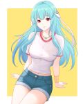  1girl absurdres alternate_costume aqua_hair arm_support breasts commentary_request cowboy_shot denim denim_shorts fire_emblem fire_emblem:_the_blazing_blade highres jewelry large_breasts long_hair looking_at_viewer midriff_peek navel necklace ninian_(fire_emblem) red_eyes shirt short_shorts short_sleeves shorts sitting smile solo thighs truejekart very_long_hair white_shirt 