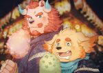  2boys animal_ears bandaged_hand bandages bara bear_ears blue_eyes blue_horns blurry blurry_background bokeh chernobog_(housamo) closed_mouth cotton_candy cu_sith_(housamo) curled_horns daisukebear depth_of_field dog_boy dog_ears drooling facial_hair fangs flower_in_eye food furry furry_male goatee gradient_horns green_eyes green_scarf holding holding_food horns jinbei_(clothes) looking_at_food looking_to_the_side male_focus mature_male mouth_drool multicolored_horns multiple_boys open_mouth orange_hair pink_fur scarf short_hair smile symbol_in_eye thick_eyebrows tokyo_afterschool_summoners tusks upper_body yellow_fur 