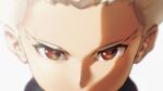 1boy close-up commentary eye_focus eye_reflection gouenji_shuuya highres inazuma_eleven_(series) kidou_yuuto looking_at_viewer male_focus omisotayan portrait red_eyes reflection simple_background solo spiked_hair straight-on sweat symbol-only_commentary white_background white_hair 