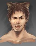  1boy ;d animal_ears brown_hair cat_ears dated earrings facial_hair greenteaa grey_background jewelry looking_at_viewer male_focus nude one_eye_closed open_mouth original portrait short_hair signature smile solo stubble teeth tongue tongue_out upper_teeth_only 