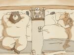  2023 4:3 anthro bear bed belly big_belly blush bottomwear canid canine canis cellphone clothing detailed_background domestic_dog dot_eyes duo furniture hi_res kemono lying male mammal overweight overweight_male pants phone pommn_mn smartphone 
