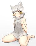  1girl alten animal_ear_fluff animal_ears artist_name bare_shoulders barefoot blush bow cat_ears cat_girl english_commentary full_body grey_hair hair_bow highres looking_at_viewer meme_attire nia_(xenoblade) open_mouth short_hair simple_background sleeveless solo striped sweater vertical_stripes virgin_killer_sweater white_background white_sweater xenoblade_chronicles_(series) xenoblade_chronicles_2 yellow_bow yellow_eyes 