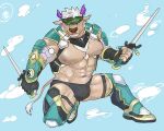  1boy abs absurdres animal_ears bara bare_pectorals black_male_swimwear blue_background brown_fur bubble camouflage camouflage_headwear chest_hair chest_harness commentary_request cow_ears cow_horns cow_tail detached_sleeves dual_wielding facial_hair full_body furry furry_male goatee harness headband highres holding holding_sword holding_weapon horns ichimasu_(1ichimasu) kneeling large_pectorals looking_to_the_side male_focus male_swimwear minotaur muscular muscular_male navel nipples official_alternate_costume parted_lips pectorals purple_eyes purple_horns shennong_(housamo) shennong_(summer)_(housamo) short_hair signature smile solo swim_briefs sword tail tokyo_afterschool_summoners weapon white_hair yin_yang yin_yang_print 