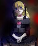  1girl black_background black_dress black_hairband blonde_hair blue_eyes closed_mouth cossette_d&#039;auvergne cossette_no_shouzou curtains dress flower frilled_hairband frills gothic gothic_lolita hair_flower hair_ornament hairband haruyama_kazunori lolita_fashion lolita_hairband long_hair looking_at_viewer neck_ribbon red_flower red_footwear red_ribbon red_rose ribbon rose simple_background sitting skirt solo 