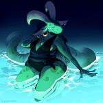  anthro bathing big_ears black_clothing breasts clothing dragon ear_piercing ear_ring female green_body green_scales hair hi_res horn joeyillustrated long_hair long_horn long_tail one-piece_swimsuit partially_submerged piercing ring_piercing scales solo swimwear tail water 