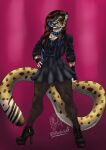  absurd_res andromorph anthro bottomwear cheetah clothed clothing collar felid feline footwear fur hair hi_res high_heels highlights_(coloring) intersex jacket male mammal markings paca_(character) pacahocaf shirt skirt solo spiked_collar spikes topwear yellow_body yellow_fur 