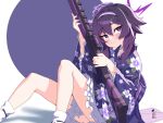  1girl ass blue_archive blush closed_mouth floral_print gun hair_between_eyes halo haruka_(blue_archive) haruka_(new_year)_(blue_archive) highres holding holding_gun holding_weapon japanese_clothes kimono kuro_kosyou long_hair long_sleeves official_alternate_costume print_kimono purple_eyes purple_hair purple_halo purple_kimono socks solo weapon white_socks wide_sleeves 