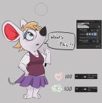  2023 absurd_res animal_crossing anthro barefoot bottomwear breaking_the_fourth_wall clothed clothing dialogue english_text eyewear feet female glasses hi_res honeymono mammal mouse murid murine nintendo petri_(animal_crossing) rodent skirt solo strip_meme text 