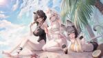  3girls animal_ears bare_shoulders barefoot beach bikini black_bikini black_hair blue_sky blush breasts casual_one-piece_swimsuit cat_ears cat_girl cleavage cloud cloudy_sky day feet fingerless_gloves gloves grey_hair halterneck highres large_breasts long_hair looking_at_viewer mole mole_under_eye multicolored_hair multiple_girls nail_polish no_panties ocean one-piece_swimsuit open_mouth outdoors palm_leaf palm_tree sand shiro_albino shirt short_hair sitting sky smile starfish sun swimsuit tail tight_clothes tight_shirt tree white_hair white_swimsuit yellow_eyes 