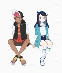  1boy 1girl arm_support black_hair closed_mouth commentary_request cowlick dark-skinned_male dark_skin eyelashes green_eyes green_jacket hair_ornament hairclip hat invisible_chair jacket knees liko_(pokemon) open_clothes open_vest pokemon pokemon_(anime) pokemon_horizons rei_hinketsu roy_(pokemon) sandals shirt shoes short_sleeves shorts sitting smile socks split_mouth toes vest white_footwear white_shirt white_socks 