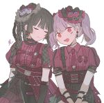  2girls alternate_hairstyle bang_dream! black_hair braid brooch cheek-to-cheek closed_eyes commentary dress earrings elbow_gloves facial_tattoo flower gloves hair_ornament heads_together jewelry mixed-language_commentary multiple_girls puffy_short_sleeves puffy_sleeves purple_eyes purple_hair red_dress red_eyes red_flower red_rose rose seri_(vyrlw) shirokane_rinko short_sleeves side_braid sidelocks simple_background tattoo twintails udagawa_ako upper_body white_background yuri 