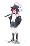  1girl bandaid bandaid_on_face bandaid_on_knee bandaid_on_leg baseball_bat baseball_helmet black_jacket blue_archive child_(isoliya) closed_eyes denim denim_shorts full_body halo hand_in_pocket helmet highres holding holding_baseball_bat jacket long_hair rabu_(blue_archive) red_hair red_halo sharp_teeth shoes shorts smile sneakers solo straight_hair tank_top teeth very_long_hair white_tank_top 