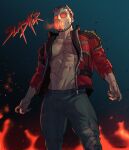  1boy abs ashes bara bare_pectorals denim fire groin highres hockey_mask jacket jeans mask mature_male muscular muscular_male navel night night_sky official_alternate_costume open_clothes open_jacket overwatch overwatch_1 paid_reward_available pants pectorals red_jacket scar scar_on_chest shirt shoulder_spikes signature sky slasher:_76 soldier:_76_(overwatch) solo sparse_navel_hair spikes thedamnthinguy torn_clothes torn_jeans torn_pants white_hair 