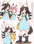  &gt;_&lt; 2girls :d ^_^ animal_ears animal_hat arm_up arrow_(symbol) backwards_hat baseball_cap black_footwear black_hair blue_shirt blush boots bow brown_shorts closed_eyes commentary_request cosplay ear_bow ears_through_headwear fake_animal_ears grey_background hair_over_one_eye haru_urara_(umamusume) hat hataraku_saibou highres horse_girl long_hair multiple_girls notice_lines pink_hair platelet_(hataraku_saibou) platelet_(hataraku_saibou)_(cosplay) purple_eyes rice_shower_(umamusume) seiji_(artman) shirt short_sleeves shorts smile sunlight sweat translation_request umamusume very_long_hair wavy_mouth white_bow white_headwear 